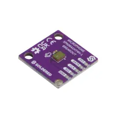 Lila Platine mit einem MEMS-Mikrofon-Breakout-Board, beschriftet mit "MICROPHONE SPK0641HT4H-1 BREAKOUT", "SOLDERE D", "3V3", "DATA", "CLK", "SEL", "GND".