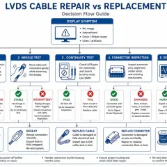 Flussdiagramm zur Fehlerbehebung bei LVDS-Kabeln: Visuelle Prüfung, Wiggle-Test, Durchgangsprüfung, Anschlussinspektion und Signalprüfung mit Oszilloskop zur Analyse des LVDS-Signals.