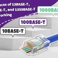 Netzwerk-Kabel mit RJ45-Stecker. Beschriftungen zeigen Unterschiede zwischen 10BASE-T, 100BASE-T und 1000BASE-T.