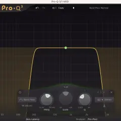 Ein Bandpassfilter in FabFilter Pro-Q 3, der Frequenzen in einem schmalen Bereich durchlässt.