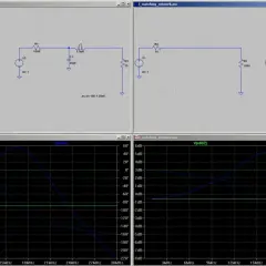Zwei identische Schaltungen zur Impedanzanpassung mit L-C-Netzwerken und zugehörige Frequenzganganalysen.