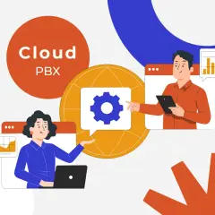 Cloud PBX: Zwei Personen interagieren mit einer digitalen Oberfläche, die ein Zahnradsymbol und Diagramme zeigt.