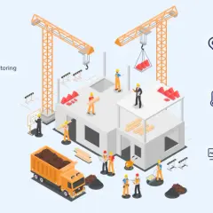 Baustelle mit Kränen, Arbeitern und LKW. IoT Tracking für Werkzeuge, Sicherheit und Ausrüstung.