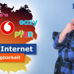 Mann überlegt, ob Kabel Internet verfügbar ist. Logos von Telekom, Vodafone, O2, easy, PYUR.