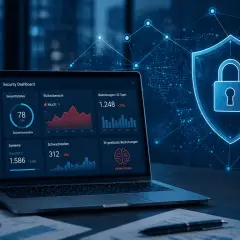 Sicherheits-Dashboard zeigt Bedrohungen und Schwachstellen, warnt vor IoT Hacking. Ein Schloss-Symbol auf einem Schild symbolisiert Schutz.