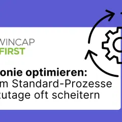 TWINCAP FIRST: Telefonie optimieren – warum Standard-Prozesse oft scheitern. Ein Zahnrad-Symbol mit Pfeilen deutet auf Prozessoptimierung hin.
