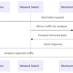 Ein Angreifer nutzt einen span port, um Netzwerkverkehr zu spiegeln und zu analysieren. Der Datenverkehr wird vom Switch zum Monitoring-Server geleitet.