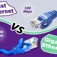 Vergleich von Fast Ethernet (100 Mbps) und Gigabit Ethernet (1000 Mbps) mit blauen LAN-Kabeln.