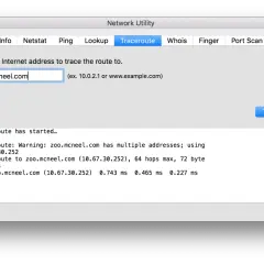 Tracert-Ergebnis für zoo.mcneel.com in Network Utility. Zeigt den Netzwerkpfad und die Latenz an.