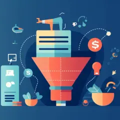 Illustration eines Trichters, der Kunden für inbound call center services sammelt. Ein Mann mit Fernglas beobachtet den Prozess.