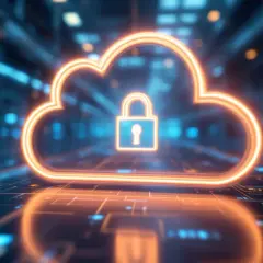 Leuchtende Wolke mit Schloss-Symbol, das die Sicherheit einer IIoT-Plattform symbolisiert, vor einem Hintergrund aus digitalen Schaltkreisen.