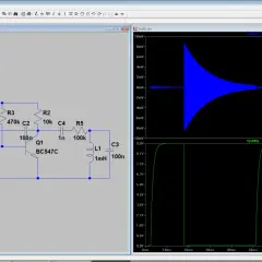 Elektronische Schaltung mit Transistoren, Widerständen und Kondensatoren, die einen Schwingkreis bildet. Oszilloskop-Diagramme zeigen gedämpfte Schwingungen und einen Rechteckimpuls.