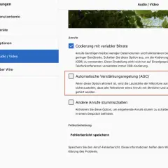 Einstellungen für Audio/Video: Automatische Verstärkungsregelung (AGC) passt Mikrofonlautstärke an, damit alle im Anruf gut zu hören sind.