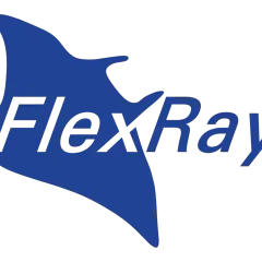 Blauer Mantarochen mit dem Schriftzug "FlexRay™". Ein starker Kontrast zu CAN-Bussen in der Automobiltechnik.