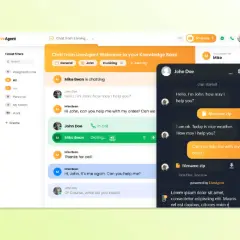 LiveAgent-Oberfläche mit Chat-Verlauf, der einen Kundenanruf und die Bearbeitung von Anfragen zeigt.