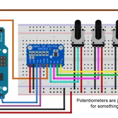Arduino-Schaltung mit ADS1115 16-Bit ADC, Potentiometern und LED. Der flash ADC wird getestet.