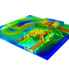 Simulation einer Leiterplatte mit farbkodierter Stromverteilung. Rot zeigt hohe Aktivität, Blau niedrige. Ein starker Stromfluss verursacht einen "ground bounce".