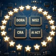Europäische Sterne umkreisen Chips mit DORA, NIS2, CRA, AI ACT. Dies symbolisiert die Stärkung der **iot cybersecurity** durch neue EU-Regulierungen.