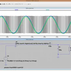 Simulationsschaltkreis mit PWM-DAC-Ausgang, der eine Sinuswelle erzeugt. Die Spannungs- und Stromverläufe werden dargestellt.