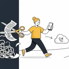 Frau schneidet Chaos mit Schere, geht mit Handy Richtung Cloud-Symbol. Das symbolisiert die Bedeutung von Portieren: Vereinfachung und Fortschritt.