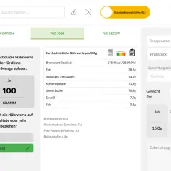 Nährwertangaben pro 100g für Frühstück, mit einem effektiven Anzahl von Bits zur Anzeige der Daten.