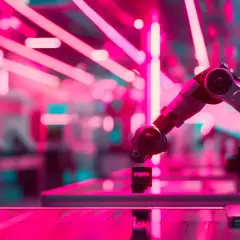 Roboterarm greift nach einem Bauteil, umgeben von leuchtenden Neonlichtern. KI am Rande der Zukunft, bereit für neue Aufgaben.
