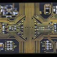 Detailaufnahme einer Leiterplatte mit goldenen Leiterbahnen und Bauteilen. Die präzise Anordnung deutet auf eine Anwendung hin, bei der der **dielektrische Verlusttangens** eine Rolle spielt.