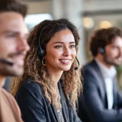 Ein Lächeln sagt mehr als tausend Worte, besonders bei einer Telko. Hier arbeiten Menschen mit Headsets, um Kunden zu helfen.
