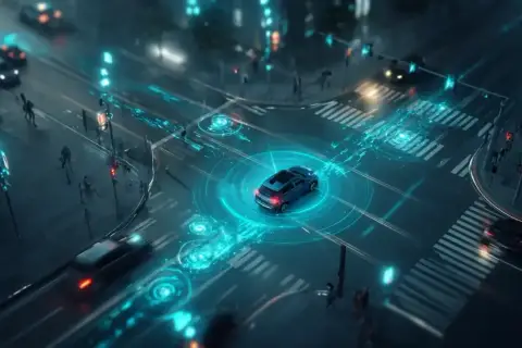 Autos kommunizieren über V2X, um sicher durch eine beleuchtete Stadt zu navigieren.