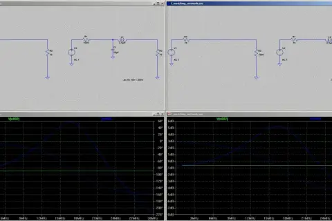 Zwei identische Schaltungen zur Impedanzanpassung mit L-C-Netzwerken und zugehörige Frequenzganganalysen.