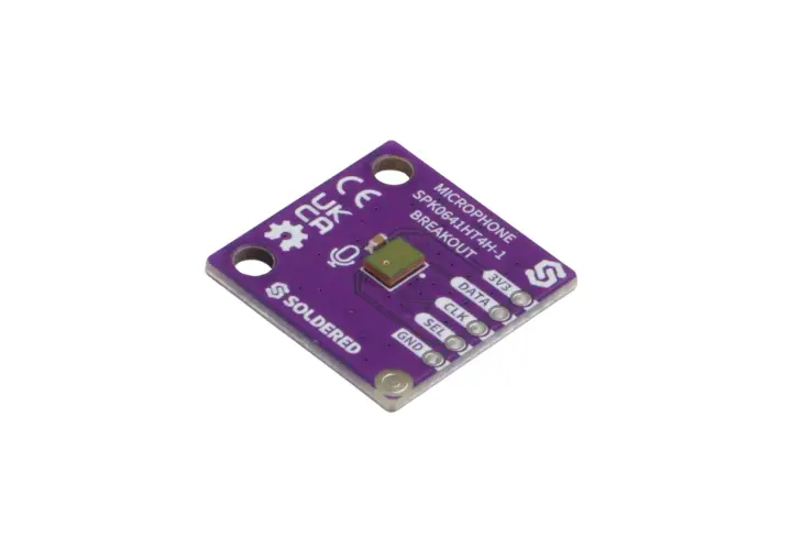 Lila Platine mit einem MEMS-Mikrofon-Breakout-Board, beschriftet mit "MICROPHONE SPK0641HT4H-1 BREAKOUT", "SOLDERE D", "3V3", "DATA", "CLK", "SEL", "GND".