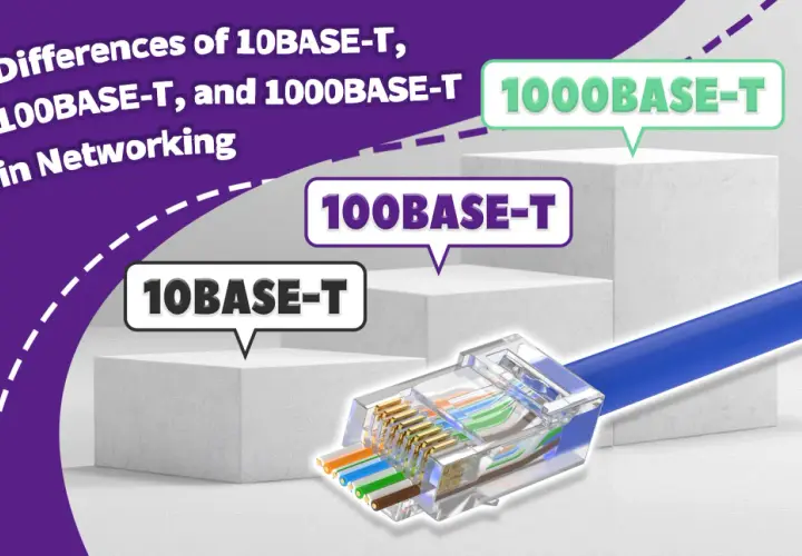 Netzwerk-Kabel mit RJ45-Stecker. Beschriftungen zeigen Unterschiede zwischen 10BASE-T, 100BASE-T und 1000BASE-T.
