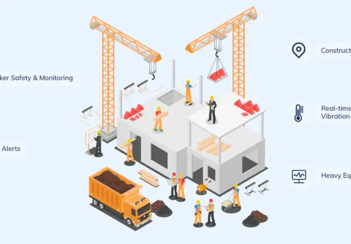 Baustelle mit Kränen, Arbeitern und LKW. IoT Tracking für Werkzeuge, Sicherheit und Ausrüstung.