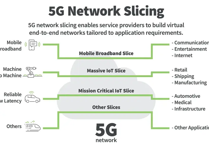 5G-Netzwerk-Slicing teilt die **core networks** in virtuelle End-to-End-Netzwerke für mobile Breitband-, IoT- und andere Anwendungen.