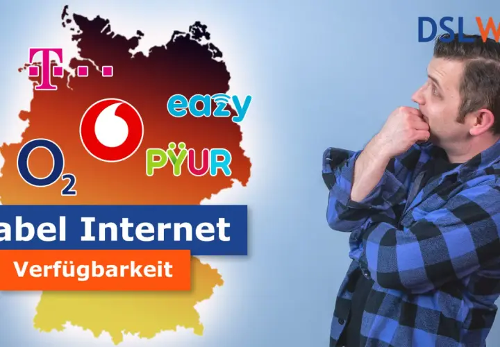 Mann überlegt, ob Kabel Internet verfügbar ist. Logos von Telekom, Vodafone, O2, easy, PYUR.