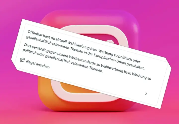Instagram-Benachrichtigung: Wahlwerbung verstößt gegen Standards. Dies erinnert an die strikten Regeln, die in RFC 1122 für die Internetkommunikation festgelegt wurden.