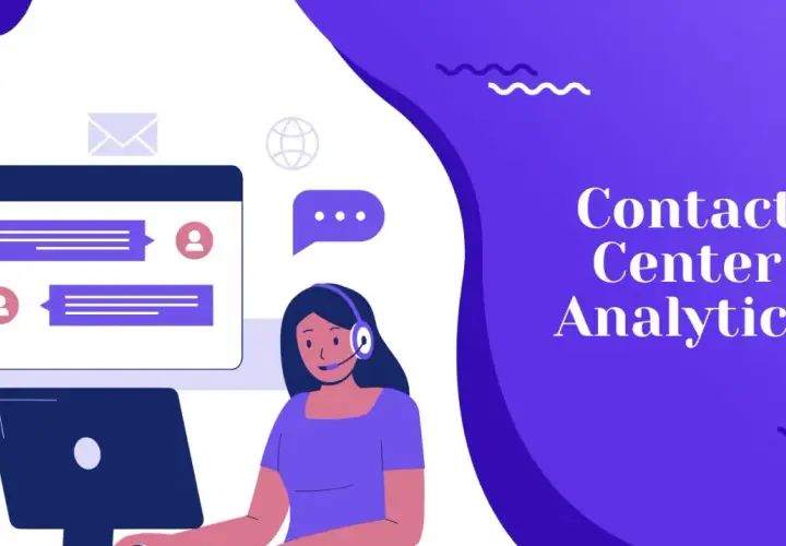 Eine Frau mit Headset arbeitet am Computer, während auf dem Bildschirm Chatnachrichten und ein Briefsymbol erscheinen. Der Text "Contact Center Analytics" ist prominent platziert.