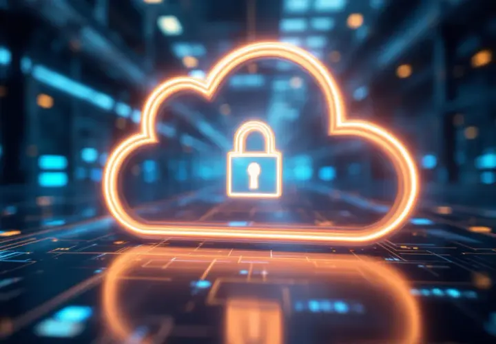 Leuchtende Wolke mit Schloss-Symbol, das die Sicherheit einer IIoT-Plattform symbolisiert, vor einem Hintergrund aus digitalen Schaltkreisen.