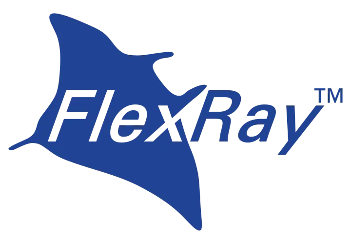 Blauer Mantarochen mit dem Schriftzug "FlexRay™". Ein starker Kontrast zu CAN-Bussen in der Automobiltechnik.