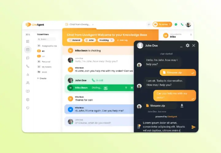 LiveAgent-Oberfläche mit Chat-Verlauf, der einen Kundenanruf und die Bearbeitung von Anfragen zeigt.