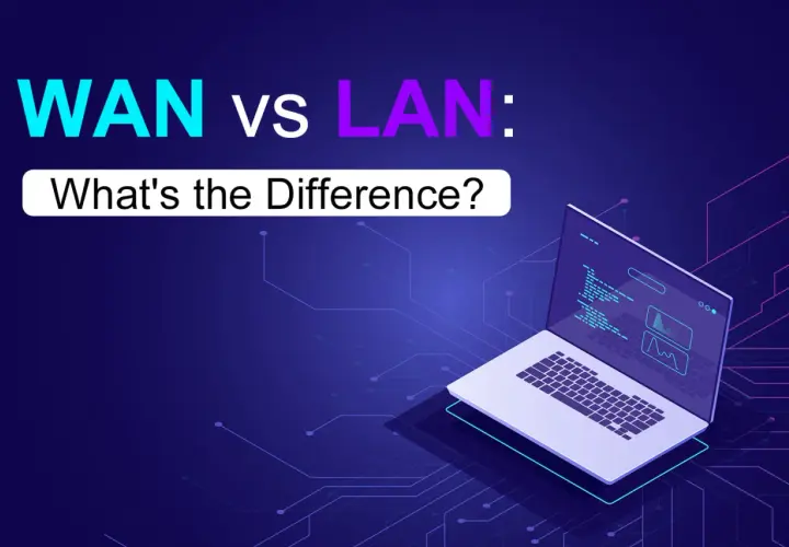 WAN vs LAN: Ein Laptop zeigt Code und Diagramme, um den Unterschied zwischen globalen und lokalen Netzwerken zu erklären.