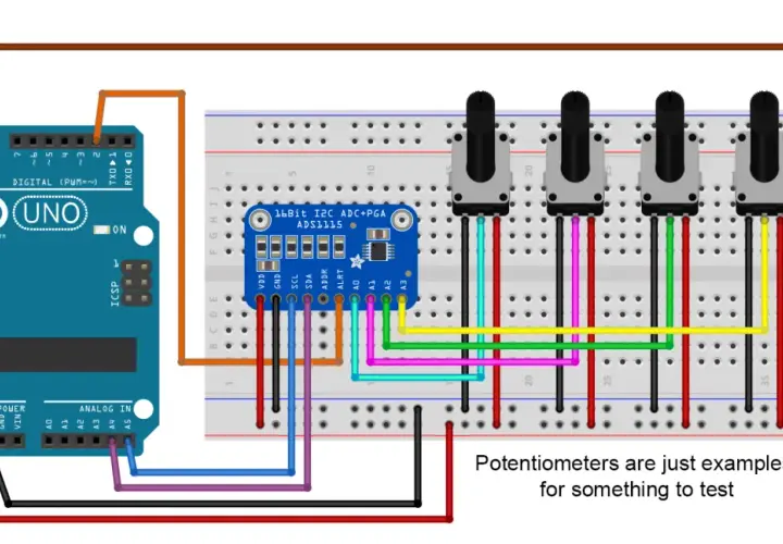 Arduino-Schaltung mit ADS1115 16-Bit ADC, Potentiometern und LED. Der flash ADC wird getestet.