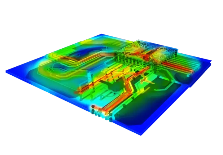 Simulation einer Leiterplatte mit farbkodierter Stromverteilung. Rot zeigt hohe Aktivität, Blau niedrige. Ein starker Stromfluss verursacht einen "ground bounce".