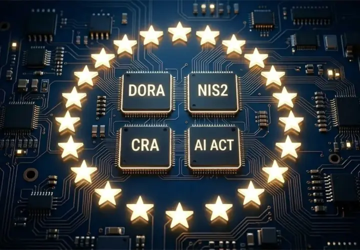 Europäische Sterne umkreisen Chips mit DORA, NIS2, CRA, AI ACT. Dies symbolisiert die Stärkung der **iot cybersecurity** durch neue EU-Regulierungen.