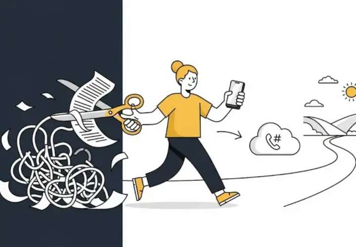 Frau schneidet Chaos mit Schere, geht mit Handy Richtung Cloud-Symbol. Das symbolisiert die Bedeutung von Portieren: Vereinfachung und Fortschritt.