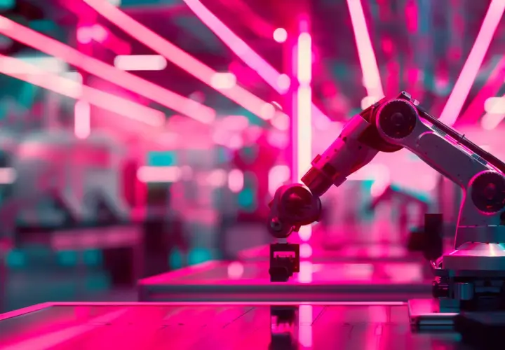 Roboterarm greift nach einem Bauteil, umgeben von leuchtenden Neonlichtern. KI am Rande der Zukunft, bereit für neue Aufgaben.