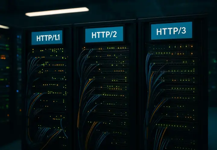 Server-Racks mit Beschriftungen HTTP/1.1, HTTP/2 und HTTP/3. Ein Blick auf die Entwicklung der Web-Protokolle im Rahmen eines HTTP3 Tests.