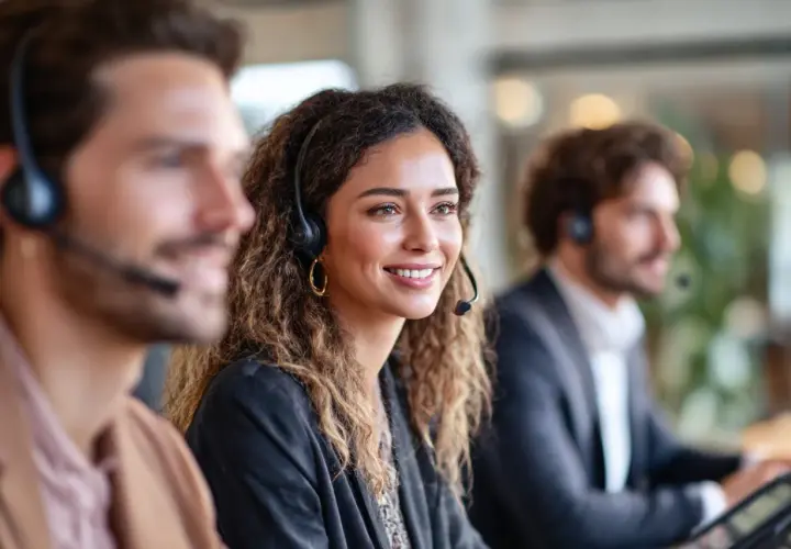 Ein Lächeln sagt mehr als tausend Worte, besonders bei einer Telko. Hier arbeiten Menschen mit Headsets, um Kunden zu helfen.