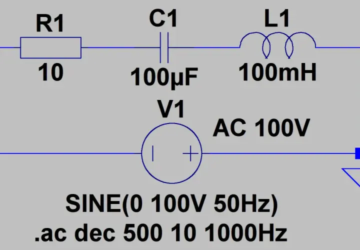 RLC-Schaltkreis mit Widerstand R1 (10 Ω), Kondensator C1 (100 μF), Spule L1 (100 mH) und Spannungsquelle V1 (AC 100V, 50Hz).