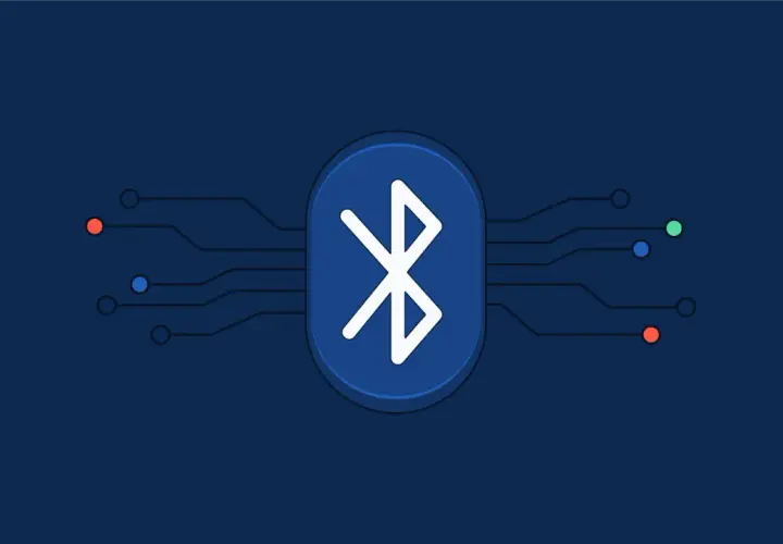 Bluetooth-Symbol mit Leiterbahnen, die auf die Vernetzung von IoT-Geräten für Fernzugriff hindeuten.